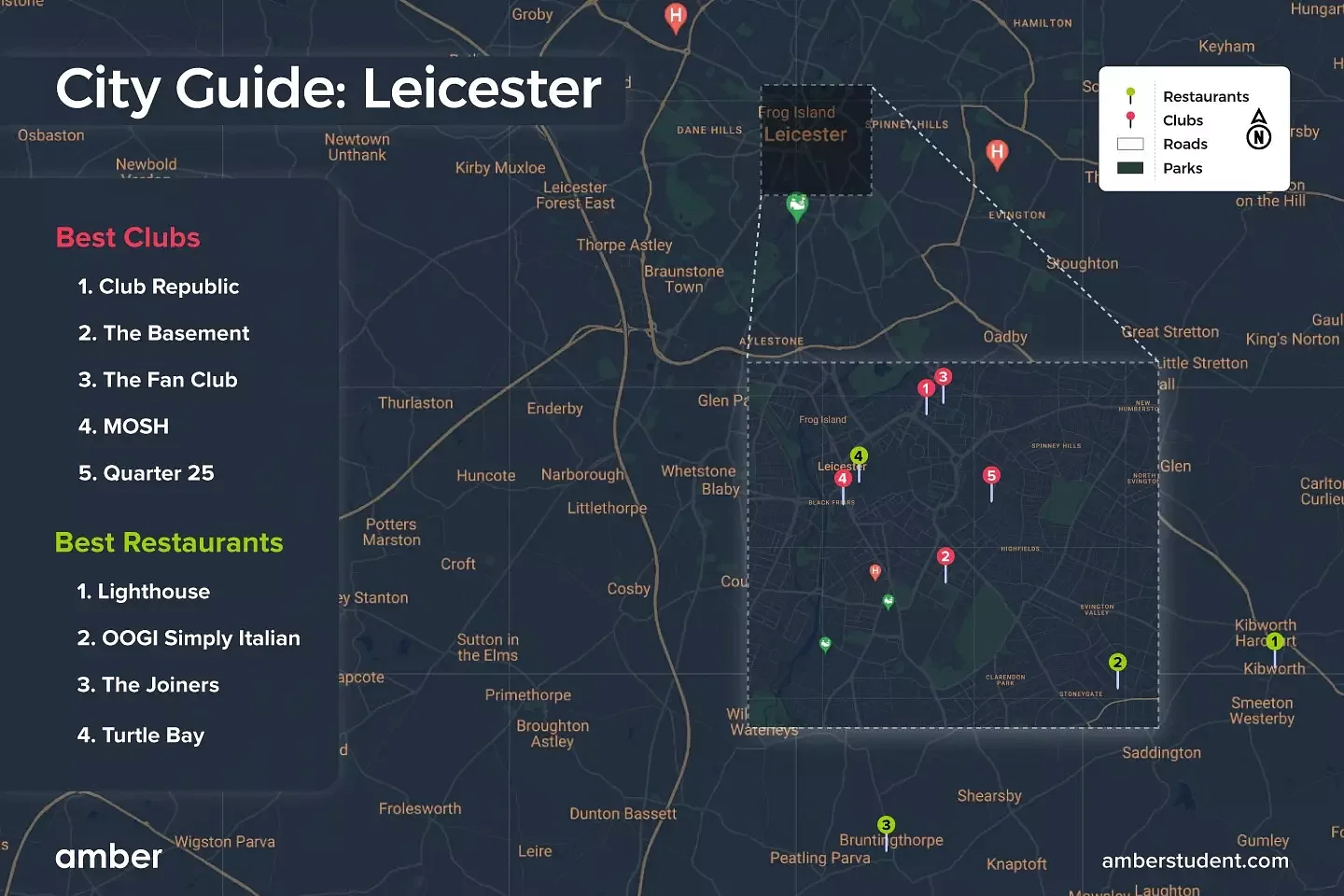 map of best clubs and restaurants in Leicester